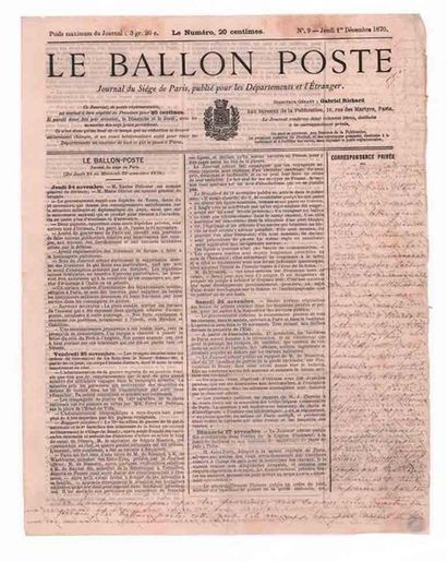 null 2 DECEMBER 1870
20c Seat obl. star 15 PARIS R. Bonaparte on newspaper LE BALLON...