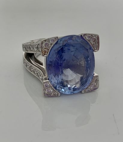 null 戒指"SAPHIR"
椭圆形蓝宝石，镶有亮片
18K（750）白金
蓝宝石重量：约20克拉
Td.52 - Pb.: 22.33克
一枚蓝宝石、钻石和...