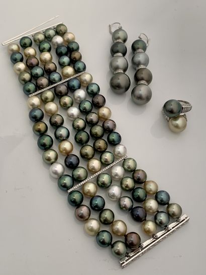 null SET "PERLS DE TAHITI"
手镯、戒指和耳环
大溪地珍珠、圆钻和长方形项链
18K白金（750），铂金（850）
手镯长度：约19厘米...