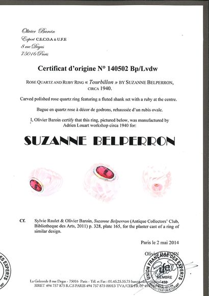 SUZANNE BELPERRON Bague «tourbillon»
Rubis, quartz rose godronné
Td. : 45 - Pb. :...