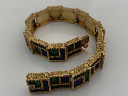 FRED Bracelet géométrique,
Email bleu et vert, or 18K (750)
Signé - Poinçon de maître...