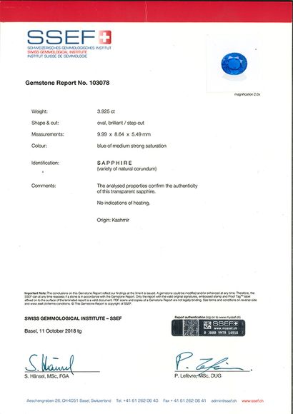 null 
SAPHIR "KASHMIR" Oval shape; Weight : 3.92 carats; Accompanied by a certificate...