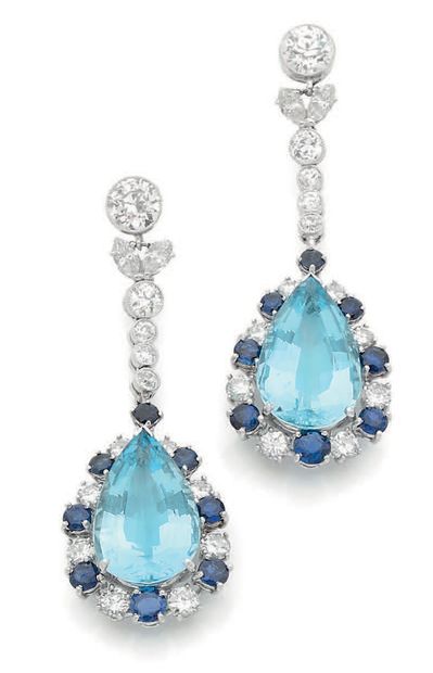 PAIR OF EARRINGS Aquamarines and sapphires,...