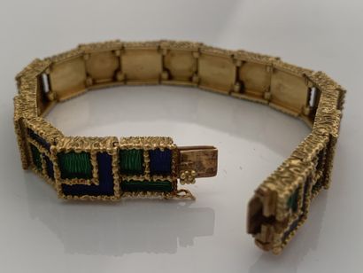 FRED Bracelet géométrique,
Email bleu et vert, or 18K (750)
Signé - Poinçon de maître...
