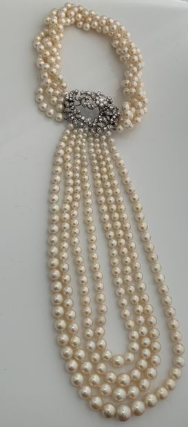 null CRAVAT"文化珍珠"项链
八排珍珠，中央花卉图案，钻石
18K白金(750)
Pb.: 224 gr
文化珍珠，钻石和黄金项链。