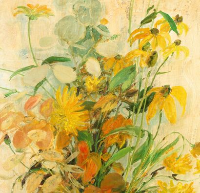 8* LE PHO (1907-2001) Rudbeckias and eucalyptus in a large foot vase Oil on masonite,...
