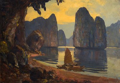 NGUYEN MAI THU (XXE SIÈCLE) Along Bay, sunset Oil on canvas, signed on the reverse...