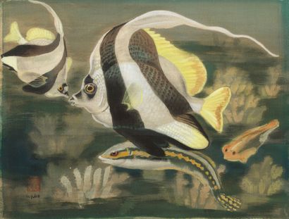 LE PHO (1907-2001) Quatre poissons Encre et couleurs sur soie, signée en bas à gauche...