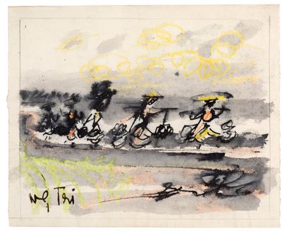 NGUYEN GIA TRI (1908-1993) Women carrying hoists Ink, wash and pastel on paper, signed...