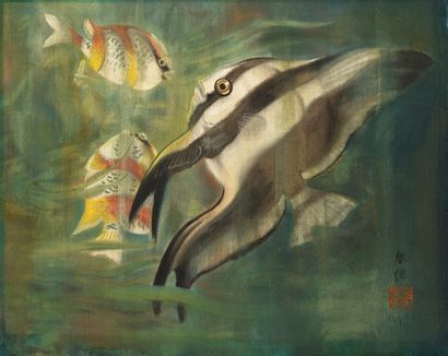 LE PHO (1907-2001) Three Fish Ink and color on silk, signed lower right 9 1/8 x 11...
