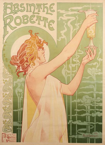 Privat-Livemont (1861-1936) "ABSINTHE ROBETTE" 平版印刷的彩色广告海报(带框) 左下角印有印刷商J.L.Goffart的印章。...