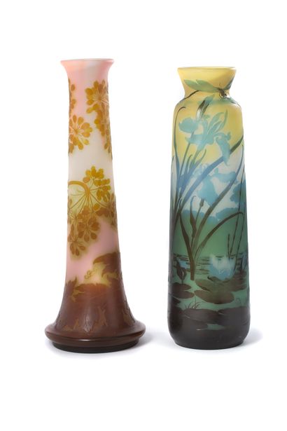 ÉTABLISSEMENTS GALLÉ LONG NECK VASE In pale pink, green and yellow multilayered glass...