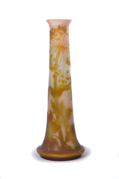 ÉTABLISSEMENTS GALLÉ LONG NECK VASE In pale pink, green and yellow multilayered glass...