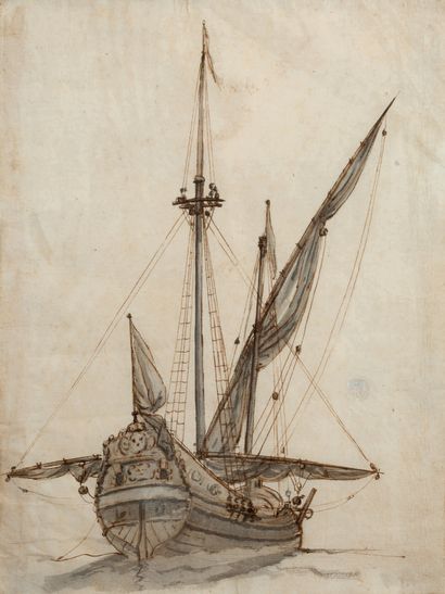 JOSEPH VERNET AVIGNON, 1714 - 1789, PARIS Etude pour une schélette
棕色墨水和灰色水洗
26 x...