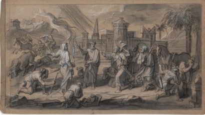 ATTRIBUÉ À FRANÇOIS VERDIER PARIS, C. 1651 - 1730 一套十四幅描绘旧约场景的图画
黑色石头和白色粉笔突出 14.6...