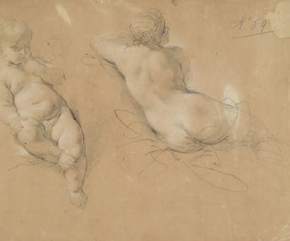 École VÉNITIENNE du XVIIIe siècle Étude de putto et d'une femme nue allongée de dos
Plume...