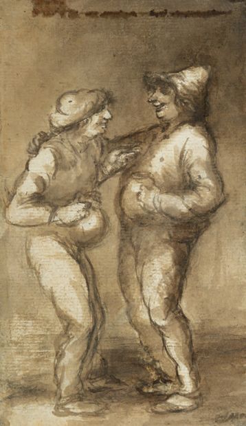 École Flamande du XVIIe siècle Deux hommes buvant
Plume, encre et lavis gris 14,3...