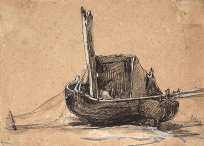 FRANÇOIS LOUIS THOMAS FRANCIA CALAIS, 1772 - 1839, PARIS Etude de bateau sur la grève
Black...