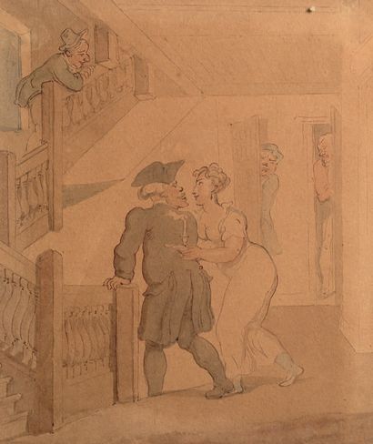 THOMAS ROWLANDSON Londres, 1756 - 1827 La visite de nuit
Ink and watercolor 14,5...