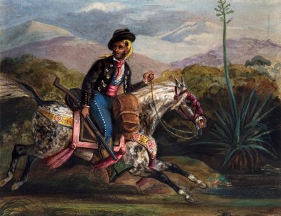 ÉCOLE FRANÇAISE, vers 1840 Spanish highwayman on a horse
Watercolor 16,5 x 22 cm
Spanish...