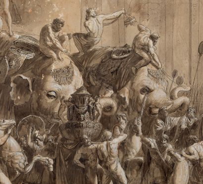 LUIGI ADEMOLLO MILAN, 1764 - 1849, FLORENCE 非洲人斯基普奥的胜利，扎马战役后从罗马归来
钢笔和棕色水洗，白色水粉画在三张纸上连在一起
55...
