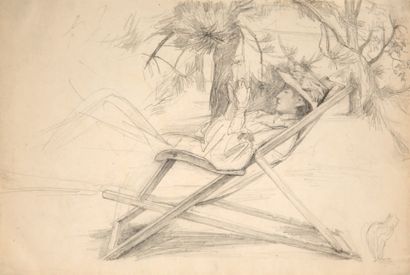ÉCOLE FRANÇAISE, DÉBUT 1900 Woman in a deckchair
Black chalk 22,5 x 33 cm
Woman in...