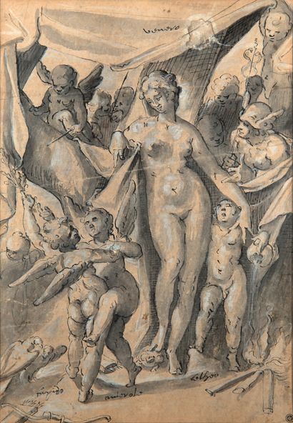 ÉCOLE PRAGUOISE DU XVIIE SIÈCLE Venus surrounded by putti is observed by Mercury
Pen,...