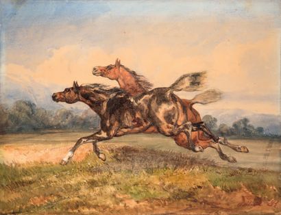 ÉCOLE FRANÇAISE DU MILIEU DU XIXE SIÈCLE (ADÉLAÏDE R) Flying gallop
Watercolor, black...