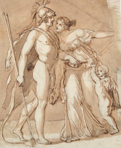 ECOLE NÉOCLASSIQUE Hercule et Omphale
Encre brune et lavis brun 19,5 x 15,5 cm
Heracles...