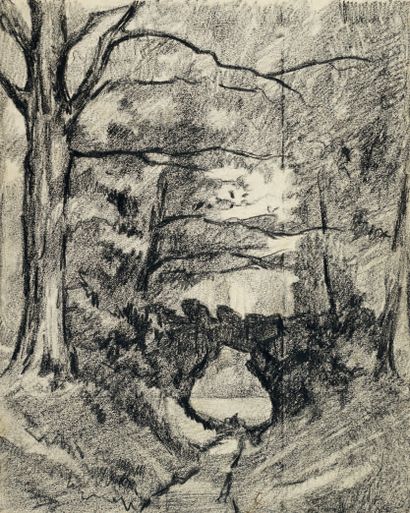 École Française du XIXe siècle Pont en pierre dans une forêt
Black chalk 26,2 x 21,2...