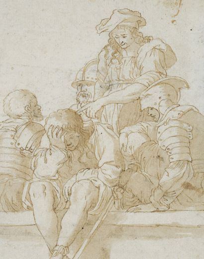 Ecole ROMAINE, vers 1620 Soldiers at the post
Pen, ink and brown wash 14,1 x 9,3...