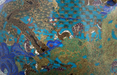 CHINE période Jiaqing (1796-1820) 
一對特殊的胡形大花瓶，藍綠底鎏金青銅及多色景泰藍琺瑯，飾以所謂的"百鹿圖"，鹿在草地、岩石、松樹、瀑布中移動，頸部有兩個鎏金浮雕銅龍紋手柄，底層鎏金。



H.44.3厘米...