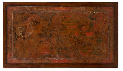 CHINE XVIIIe siècle 
Leather lacquer panel, mounted as a coffee table with polychrome...