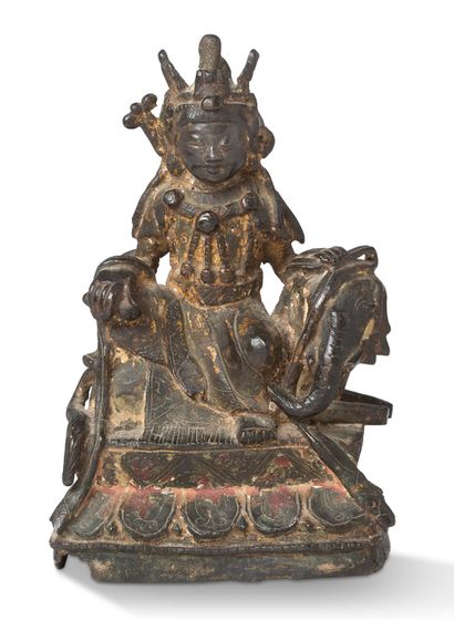 CHINE 
A lacquered bronze statue of Samanthabadra seated in lalitasana on an elephant,...