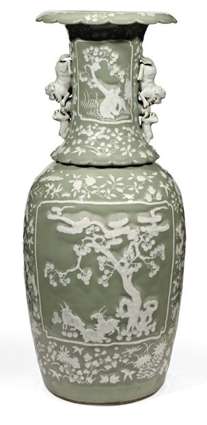 CHINE 
A large baluster porcelain vase, with a poly-lobed opening, decorated in white...
