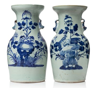 CHINE 
A pair of celadon porcelain vases decorated in blue with an eagle among peony...