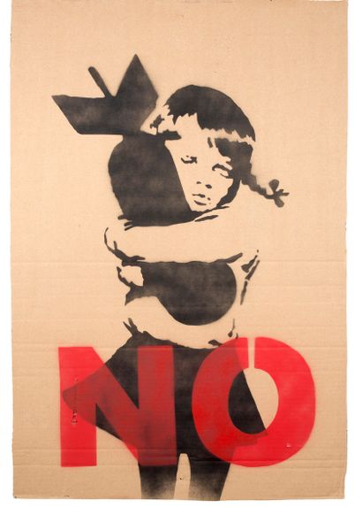 BANKSY (né en 1974) 
No War

Aerosol on cardboard, with a Stop The War label. Demonstrate...