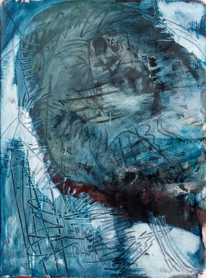 ANTONI CLAVE (1923 - 2005) 
Guerrier au fond bleu, 1974

Huile, encre et collage...