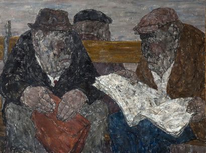 AKIRA TANAKA (1918 - 1982) 
Three men on a bench, 1965

Oil on canvas, signed lower...