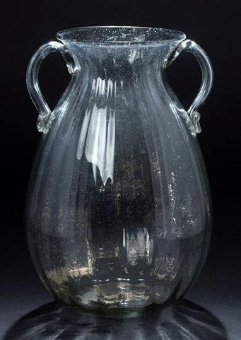 Large vase of ribbed form in clear glass,...