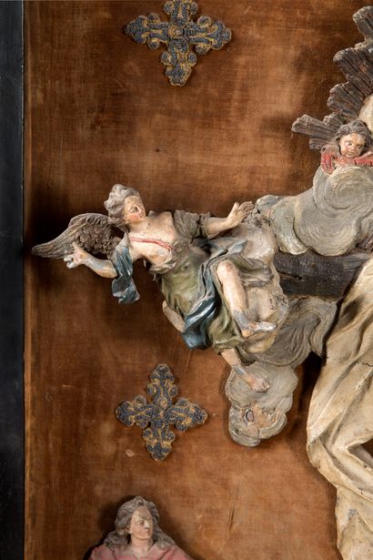 null LAMENTATION AT THE FOOT OF THE CROSS in polychrome lead. Mary holds on her knees...