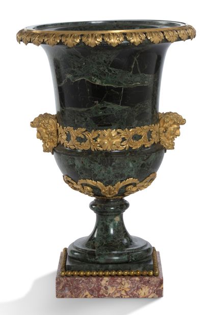 null EXCEPTIONAL PAIR OF MEDICIS VASES in sea-green marble with chased and gilded...