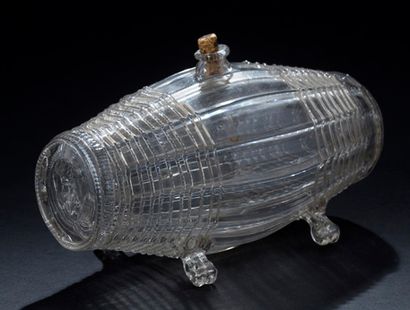 Barrel-shaped blown and molded clear glass...