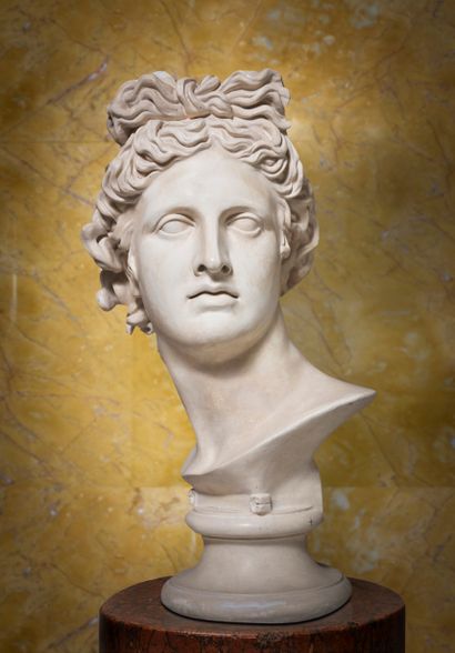 D'après l'Antique 
Buste de l'Apollon du Belvédère. Sculpture en plâtre
H. 60 cm
PROVENANCE
Collection...