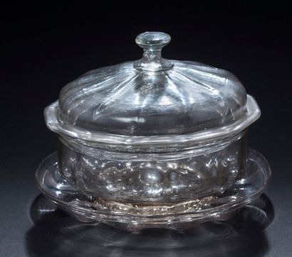 Large glass jam dish with its circular tray,...