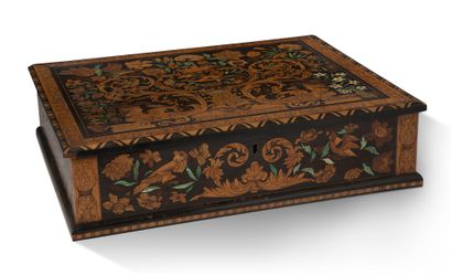 null Rectangular box with rich inlaid decoration of various woods, bone and green...