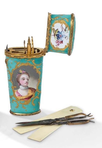null A truncated cone-shaped case with enamelled decoration on gilded copper and...