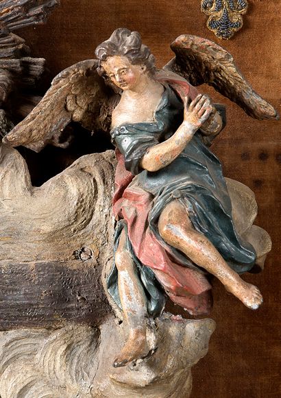 null LAMENTATION AT THE FOOT OF THE CROSS in polychrome lead. Mary holds on her knees...