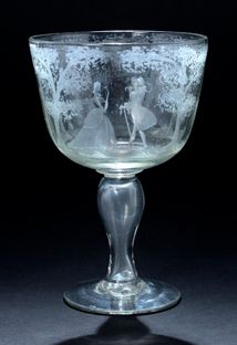 null Large clear blown glass with wheel engraved decoration of a gallant scene with...