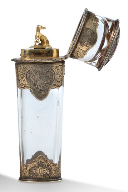 null Glass ODOUR BOTTLE and silver gilt frame with chased decoration of roses and...
